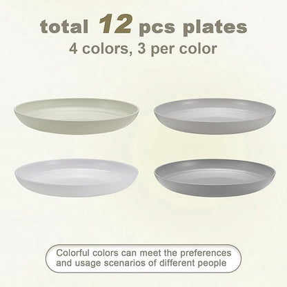 12 Pcs Unbreakable Deep Dessert Plates Set, 8 inch Reusable Plastic Wheat Straw Plates, Microwave and Dishwasher Safe Plate for Kitchen, Lightweight Plate for Dessert, BPA Free, 4 Colors