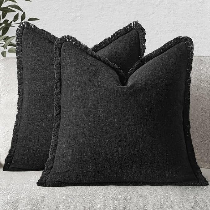 MIULEE Boho Linen Fringe Decorative Euro Throw Pillow Covers Black 24x24 | Set by MIULEE
