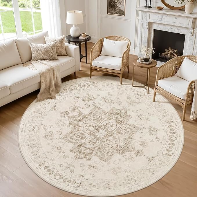 Round Area Rug Living Room: 6ft Washable Carpet Beige/Ivory | Vintage Boho by Luxturiy