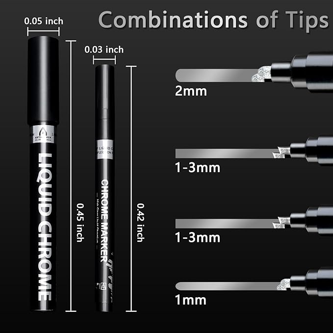 Renfio Silver Chrome Paint Markers, 4Pcs Silver Liquid Chrome Metallic Markers Mirror Repair Liquid Metallic Resin Pen for Epoxy Resin Repairing Model Painting Resin DIY Craft Coloring (1-3mm)