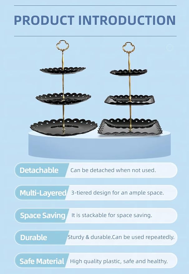 RAUVOLFIA 2 Pack of Plastic Round & Square Dessert Cupcake Stand, 3 Tier Cup Cake Holder Tower for Tea Party/Birthday/Wedding, Plastic Tiered Serving Tray (Black)