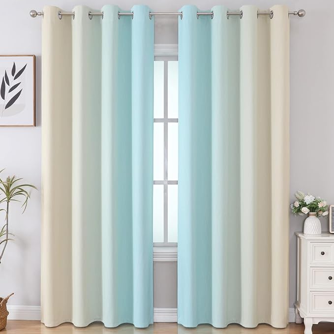 Aqua and Beige Ombre Blackout Bedroom Curtains 102 Inches | Thermal Insulated - Image 2