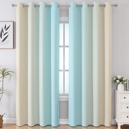 Aqua and Beige Ombre Blackout Bedroom Curtains 102 Inches | Thermal Insulated - Image 2