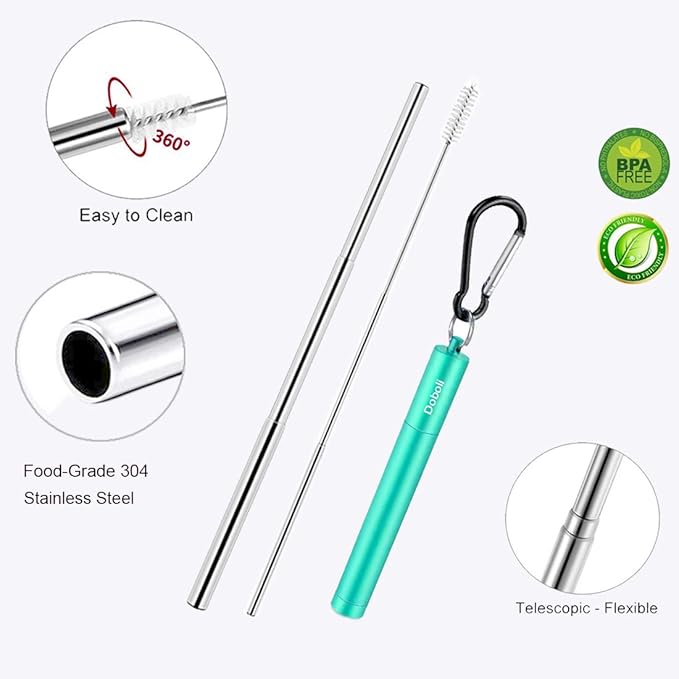 2 Pack Reusable Metal Straws Collapsible Stainless Steel Drinking Straw Travel Portable Telescopic Straw with Case,2 Cleaning Brushes Included Black/Turquoise