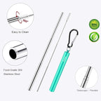 2 Pack Reusable Metal Straws Collapsible Stainless Steel Drinking Straw Travel Portable Telescopic Straw with Case,2 Cleaning Brushes Included Black/Turquoise