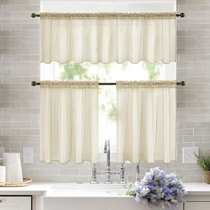 MIULEE 2 Panels Kitchen Tiers Half Window Sheer Curtains 29 X 24 Inch Beige | - Image 7