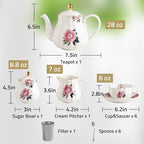 Porcelain Tea Sets British Royal Series, 8 OZ Cups & Saucer Service for 6, with Teapot Sugar Bowl Cream Pitcher Teaspoons and Tea Strainer, Suitable for High Tea, Wedding, Party