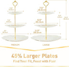 DUJUST Luxury Larger 3-Tier Cupcake Stand Tower, British Style Porcelain Serving Tray with Golden Trim, Food Grade Dessert Display Stand for Tea Party & Home Décor - 45% Larger Plates