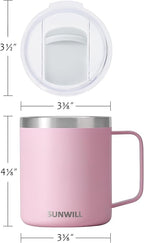 SUNWILL Insulated Coffee Mug with Lid, Travel Tumbler Reusable, 14 oz Stainless Steel Cup for Camping, Office, Home, Powder Coated Sakura