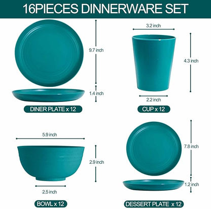 LIYH 48 Pcs Green Wheat Straw Plates and Bowls set - Plastic Dinnerware Set - Dishwasher Safe Camping Plates Dishes Set for 12, Unbreakable Wheat Straw Plate Bowls Reusable 12 Guests