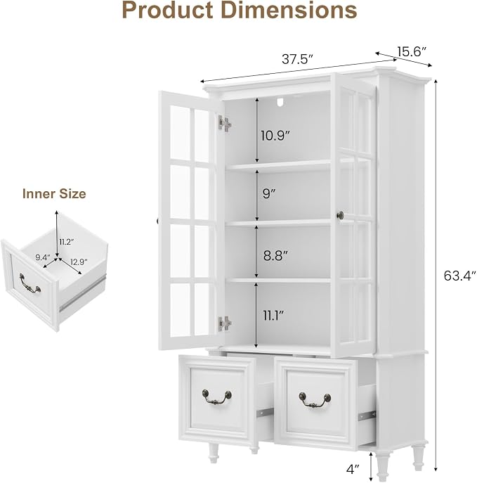 QUW 63" Tall Bookshelf with Glass Doors and Solid Wood Legs, Modern Book Shelf - Image 3