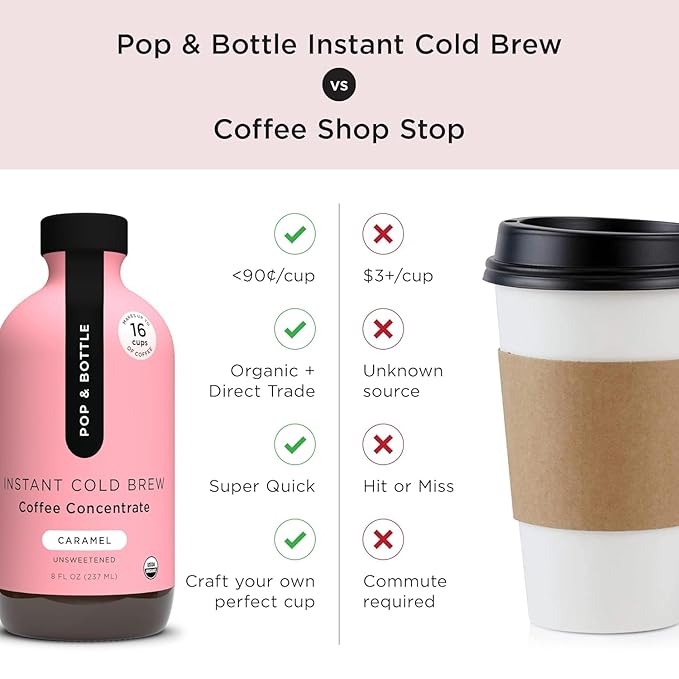 Pop & Bottle Organic Cold Brew Coffee Concentrate - Iced Coffee Concentrate Liquid for At Home, Dairy Free, Makes Up to 16 Cups - Vanilla & Caramel, 8 fl oz (Mixed 2 Pack)
