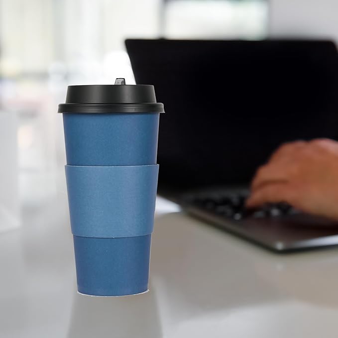 LITOPAK 100 Pack 20 oz Disposable Paper Coffee Cups with Lids, Sleeves and Stirring Sticks for Hot Coffee, Water or Juice, Blue and Gray Hot Paper Cups for Cafes, schools, offices, shops