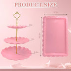 5 Pcs Dessert Table Display Set, Pink Plastic 2 Pcs Round 3 Tier Cupcake Stand Cup Cake Tower Stand with Metal Rod & 3 Pcs Serving Tray for Baby Shower, Tea Party, Wedding, Birthday Party
