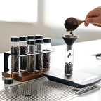 watchget Single Dose Coffee Storage Tubes 10 Pcs Dosing Glass Vials with One-way Exhaust Valve Lids Coffee Bean Storage Coffee Bean Cellar with Hopper & Wood Base, B