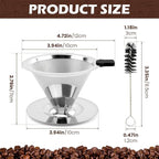 Pour Over Coffee Dripper with Cleaning Brush, Stainless Steel Cone Coffee Filter Fine Mesh Double Layer, Paperless Reusable Coffee Filter, Drip Cone Brew Coffee Strainer(SIZE:Small)
