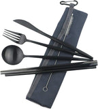 Gugrida Reusable Travel Utensils, 7 Piece Portable 304 Stainless Steel including Knife Fork Spoon Chopsticks Cleaning Brush Straws Portable Pouch, Eco-friendly Camping Silverware Set, Dishwasher Safe
