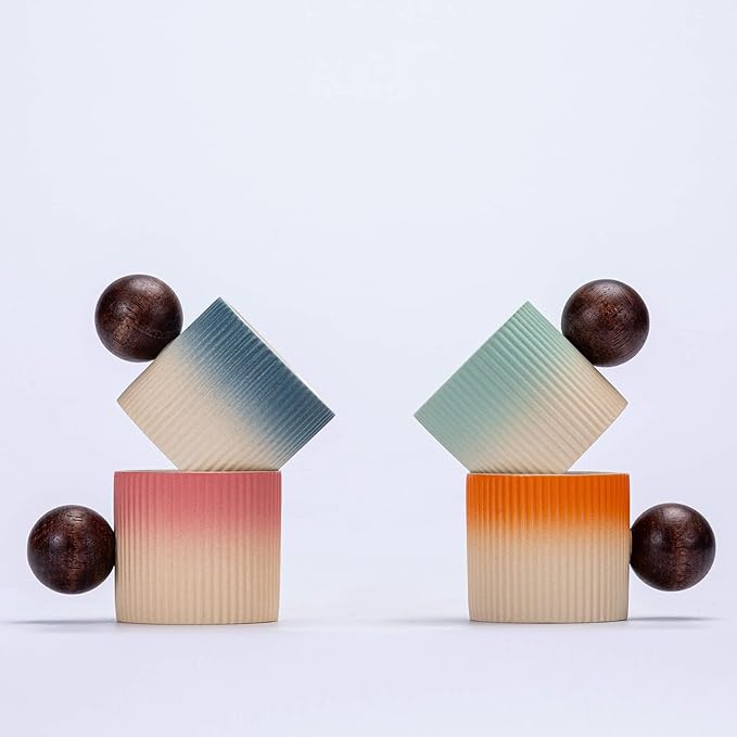 Ceramic Mini Espresso Cups Demitasse Cups with Round Wooden Handle Vertical Stripes Tea Cups (Beige&Blue, 2pcs)