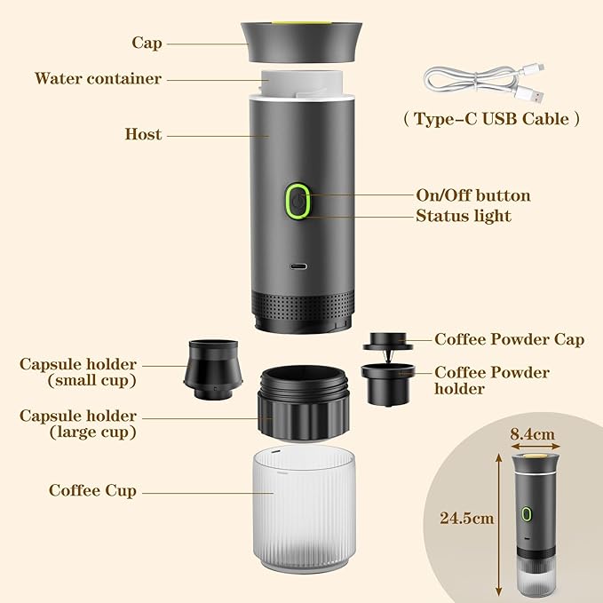 3-in-1 Portable Espresso Maker, Travel Coffee Maker, Self-Heating Car Coffee Maker with USB-C, Small Espresso Machine with Ground Coffee & Capsules (NS＆DG) for RV, Hiking, Office (grey)