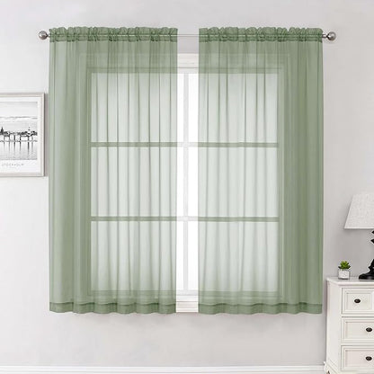 Sage Green Sheer Curtains 63 Inch Length 2 Pcs, Dual Rod Pockets Light by Lecloud