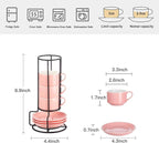 YOLIFE 2.5oz Porcelain Stackable Espresso Cups with Saucers and Metal Stand Set of 4, Stackable Cappuccino Cups, Pink Expresso Shots Cup Set for Coffee Drinks, Latte, Tea