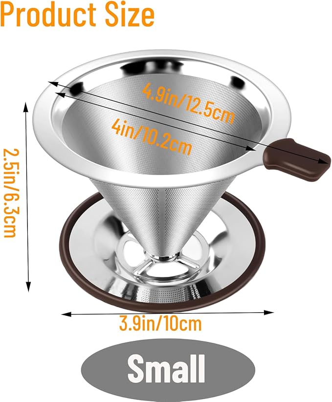 Reusable Paperless Coffee Filter V60,Coffee Dripper,Professional Stainless Steel Drip Cone Brew Coffee Strainer,Double Micro Mesh Filter,Coffee Filter Mug,Silicone Handle & Non-Slip Silicone Base (S)