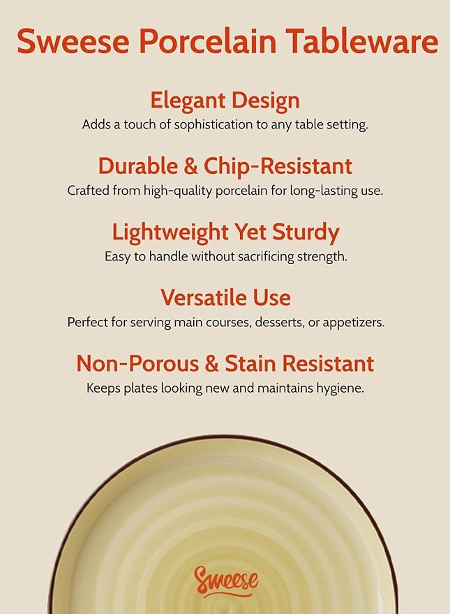 Sweese 10 Inch Porcelain Dinner Plates Set of 6 - Round Green Dishes for Main Courses, Salad, Microwave Dishwasher Safe