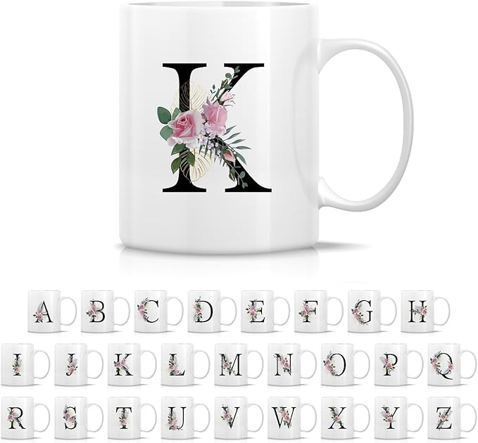 Retreez Initial A-Z Floral Botanical Bouquet Alphabet Monogrammed Monogram Mug 11 Oz Ceramic Tea Coffee Mugs - Appreciation Thank You Wedding Birthday Gifts for her friend coworker sister - K Initial