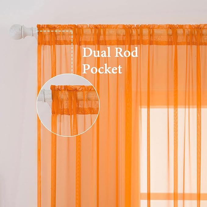 MIULEE Orange Fall Sheer Curtains 54 X 90 Inches, 2 Panels | Solid Color - Image 2