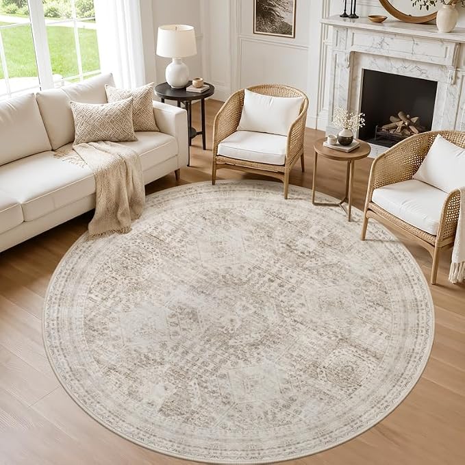 Round Area Rug Living Room: 8ft Neutral Washable Carpet Rug Brown | Vintage by Luxturiy