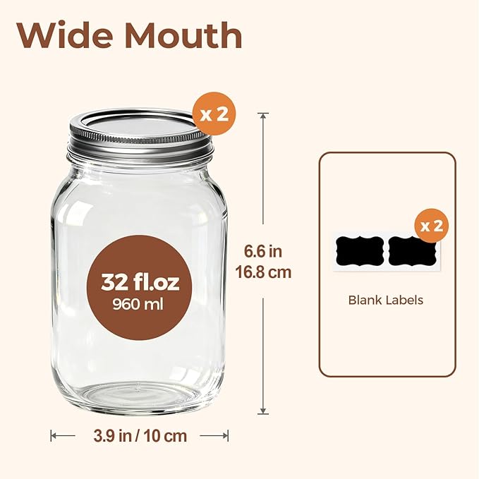 ComSaf Wide Mouth Mason Jars 32 oz with Lids 2 Pcs, Quart Mason Jars with Seal Band, Large Glass Jar, Big Canning Containers for Pickles, Jams, Sauces, Salsa, Sourdough, Salad, Suntea, Food Storage