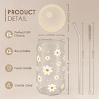Daisy 16 Oz Can Glass Tumbler with Acrylic Lid and Straw - Iced Coffee Cups for Women, Aesthetic Glass Cup Gift for Birthday Christmas