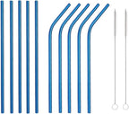 10 Pcs Stainless Steel Straws, Reusable Drinking Straws, 5 Straight + 5 Bent Metal Straws Set With 2 Pcs Cleaning Brushes (Blue, 8.5 Inch)