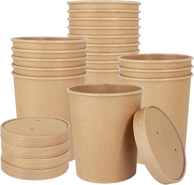 30 Sets 32 oz Paper Ice Cream Cups with Lids, Paper Food Containers With Vented Lids, To Go Hot Soup Bowls For Restaurants, Take Outs, or To-Go Lunch, Kraft