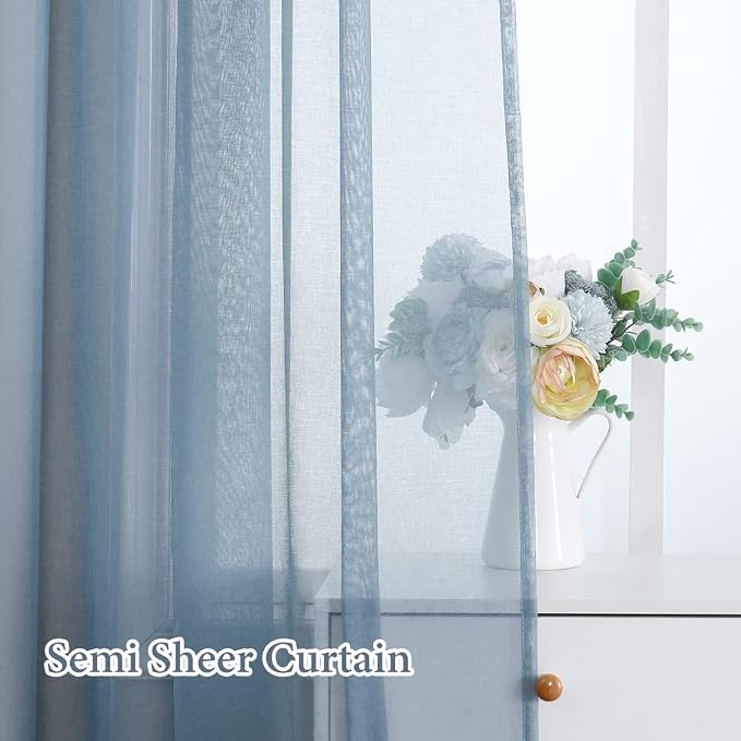 MIULEE Dusty Blue Linen Textured Semi-Sheer Curtains 42W×45L Kitchen | Semi - Image 4