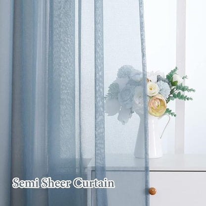 MIULEE Dusty Blue Linen Textured Semi-Sheer Curtains 54W×63L 2 Panels | Semi - Image 4