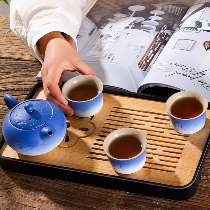 LURRIER Gongfu tea sets, Portable Ceramic TeaSet, Asian Tea sets for adult, Tea Gift sets, Grey leather case, Portable Travel Bag,Home,Gifting,Outdoor and Office(XBlue and White)