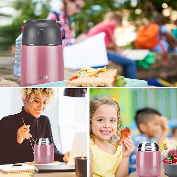 Insulated Thermo Food Jar for Hot & Cold Food for Kids Adult, 17&24 oz Soup Thermal Hot Food Containers for Lunch, Triple Layer Insulation Stainless Steel Food Jar with Spoon (2 Pack Pink)