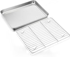 Stainless Steel Baking Sheet with Rack Set, E-far 12.4”x9.7” Cookie Sheet Broiling Pan for Oven, Rimmed Metal Tray with Wire Rack for Cooking/Baking/Cooling/Bacon, Non-toxic & Dishwasher Safe