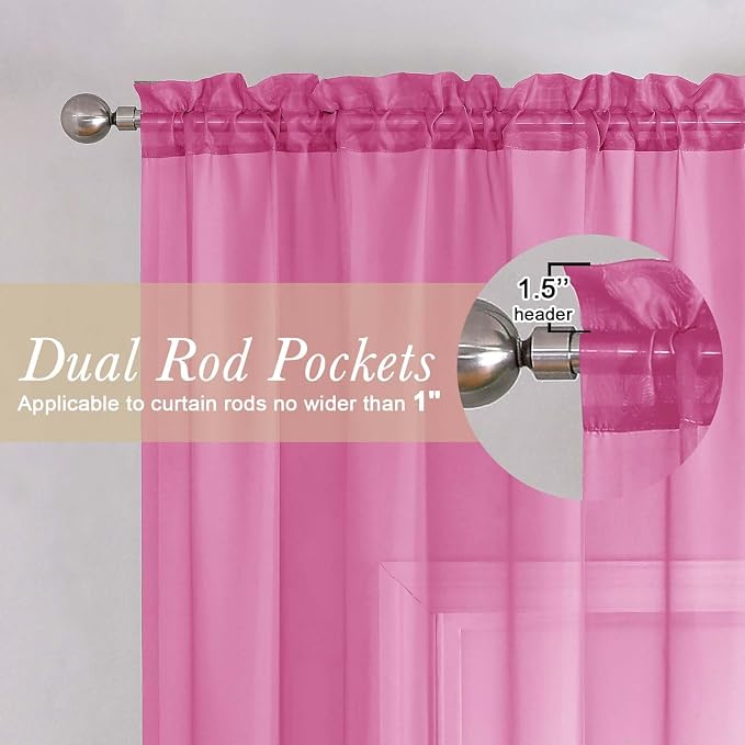 Hot Pink Sheer Curtains 54 Inch Length 2 Pcs, Solid Color Voile Modern - Image 5