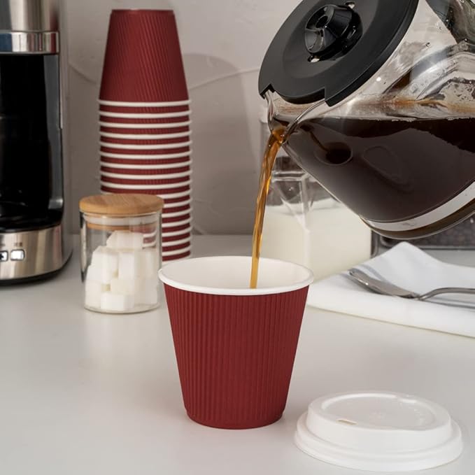 Restaurantware 8 Ounce Double Wall Disposable Coffee Cups, 500 Insulated Crimson Paper Tumblers, Ripple Wall Design, Lids Sold Separately for Hot Drinks like Tea, Hot Chocolate, and More