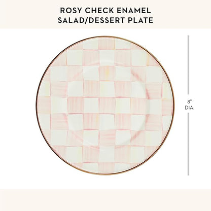 MACKENZIE-CHILDS Enamel Salad and Dessert Plate, Small Plate for Appetizers or Desserts, 8 Inches, Pink-and-White Rosy Check