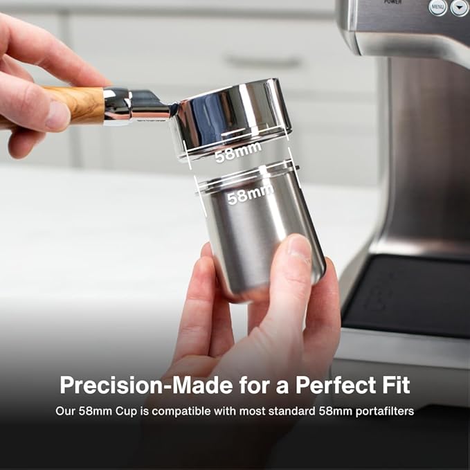 Crema Coffee Products 58mm Dosing Cup | Compatible with Breville Portafilters etc | Durable 100% Stainless Steel | Built-In Grinder Tab for Easy Transfer | Sleek, Mess-Free Design | Silver Finish