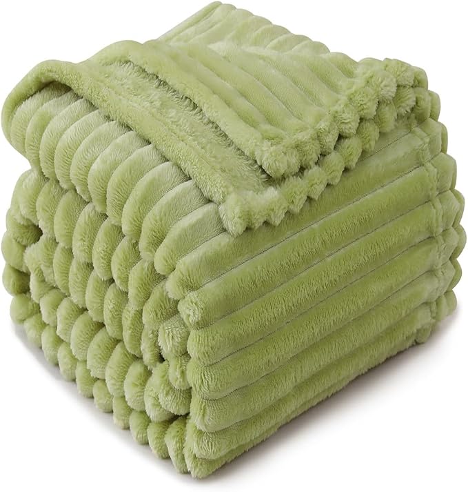 Moss Green Throw Blanket for Couch Sofa 60x80 inches Striped Design | Fleece - Image 5