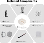IKAPE 58MM Espresso Tamper Kit Silver 8 IN 1, Coffee Tamper Set comprising a Tamper, Distributor, Magnetic Dosing Funnel, Puck Screen, Station, WDT Tool, along with a Cleaning Towel and Brush