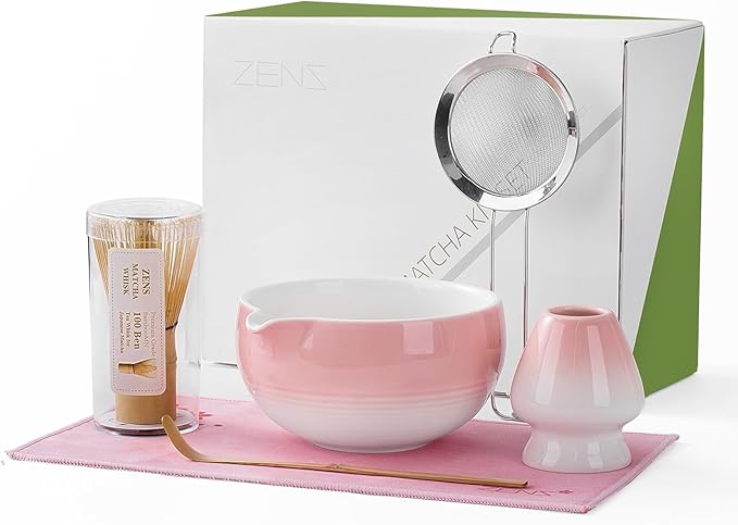 ZENS Pink Matcha Set, Matcha Whisk Set with 15oz Ceramic Bowl & (Chasen Holder), 6pcs Matcha Kit with Bamboo Scoop and Sifter, Tea Towel for Matcha Lovers