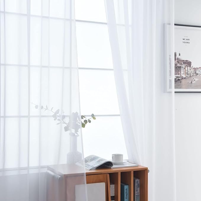 SpaceDresser Sheer White Curtains 4 Panels Rod Pocket Semi-Sheer Curtain 63 - Image 4
