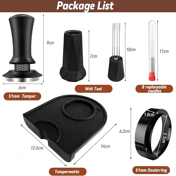 Espresso Tamper, Coffee Tamper with Espresso Distribution Tool, Espresso Tamper Mat, Espresso Dosing Funnel, Espresso Accessories, Wdt Tool Espresso, 51mm Espresso Tamper for Espresso Coffee Machine