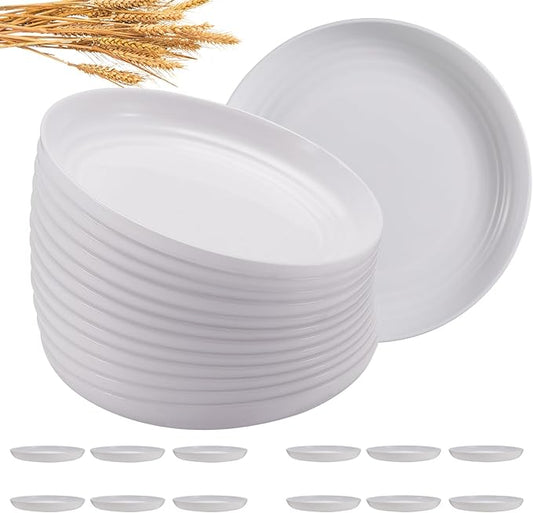 12 Pcs Unbreakable Deep Dessert Plates Set, 8 inch Reusable Plastic Wheat Straw Plates, Microwave and Dishwasher Safe Plate for Kitchen, Lightweight Plate for Dessert, BPA Free, White