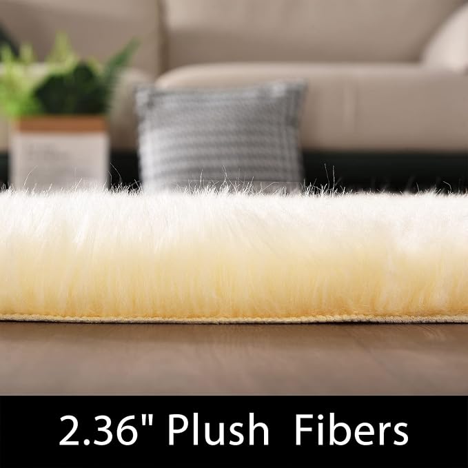 Latepis Yellow Circle Rug Faux Sheepskin Fur Round Rugs 4ft Washable Cute Plush - Image 3